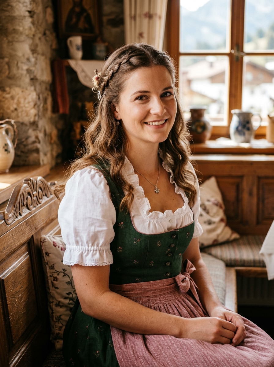 Half-up Frisur mit seitlichen Zöpfen als Dirndlfrisur Inspiration 2026